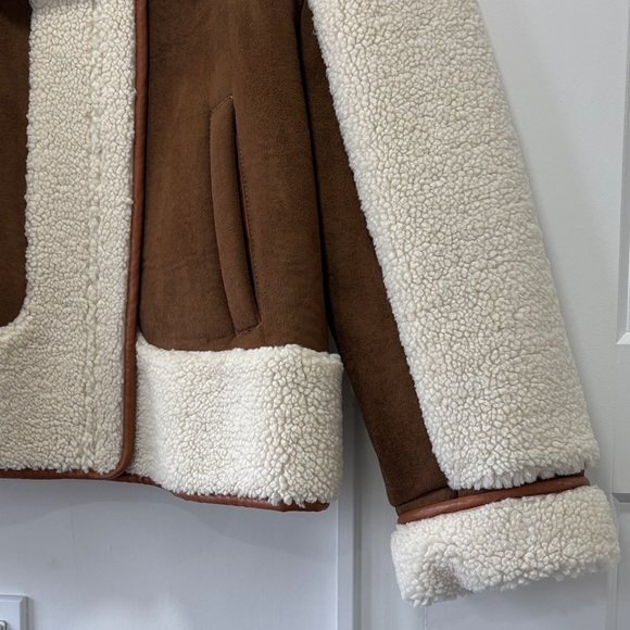 LOFT Ivory Cream Sherpa & Brown Faux Suede Moto Zip Jacket Coat Size Medium - Picture 3 of 15